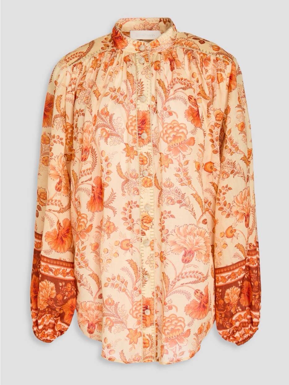 Zimmermann Floral Button-Front Ramie Blouse